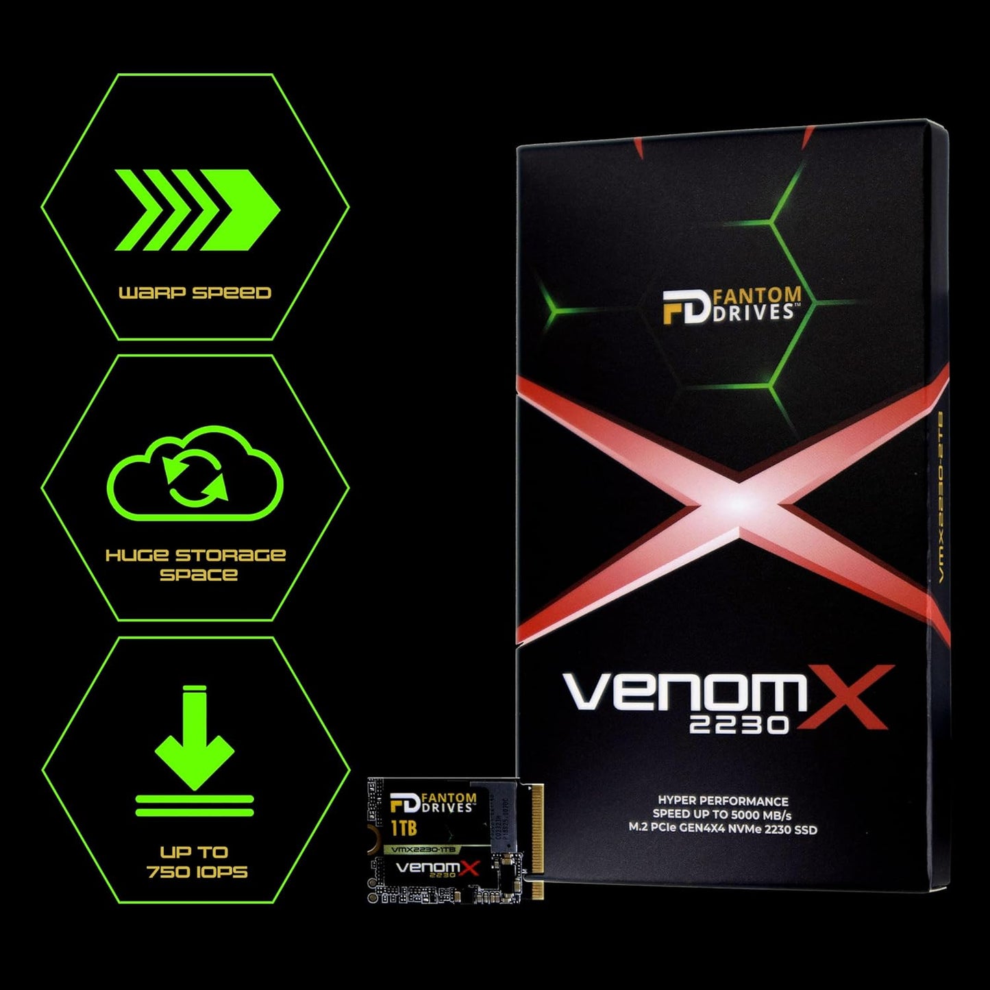 Fantom Drives VenomX 1TB M.2 2230 NVMe SSD, PCIe Gen4 x 4, Read speeds up to 5100MB/s, Internal Solid State Drive for PC and Gaming Consoles